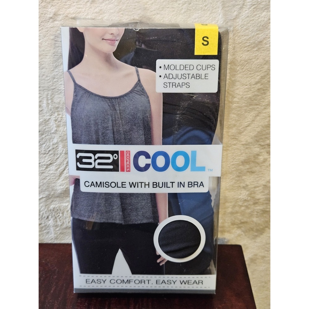 32 Degrees Cool Womens Black Cami Tank Top Built in Bra Adjustable Straps Size S